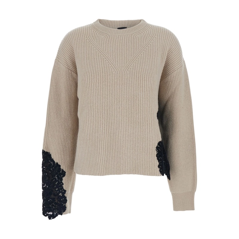 Beige Crewneck Sweater with Lace Embroidery and Logo Patch on the Rear in Wool Blend Woman