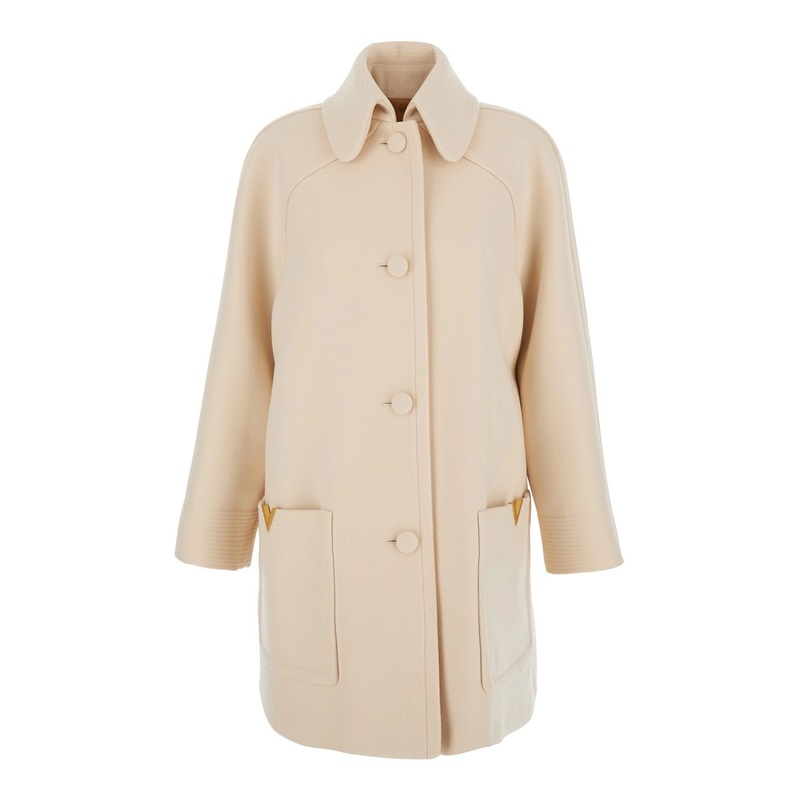 Beige Jacket with Pointed Collar and VLogo Plaque on the Pocket in Wool Woman