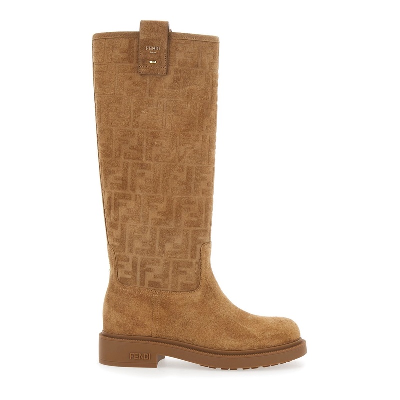 Beige Knee-High Boots with All-Over Embossed FF Motif in Suede Woman