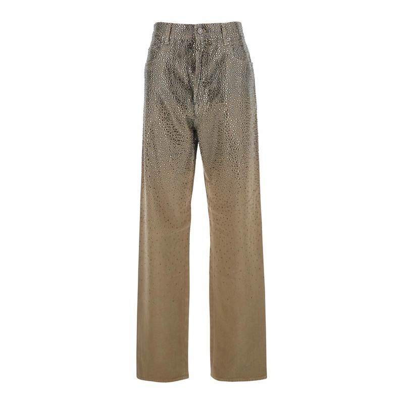 Beige Pants with Faded Crystal Embellishment and Belt Loops in Cotton Blend Woman