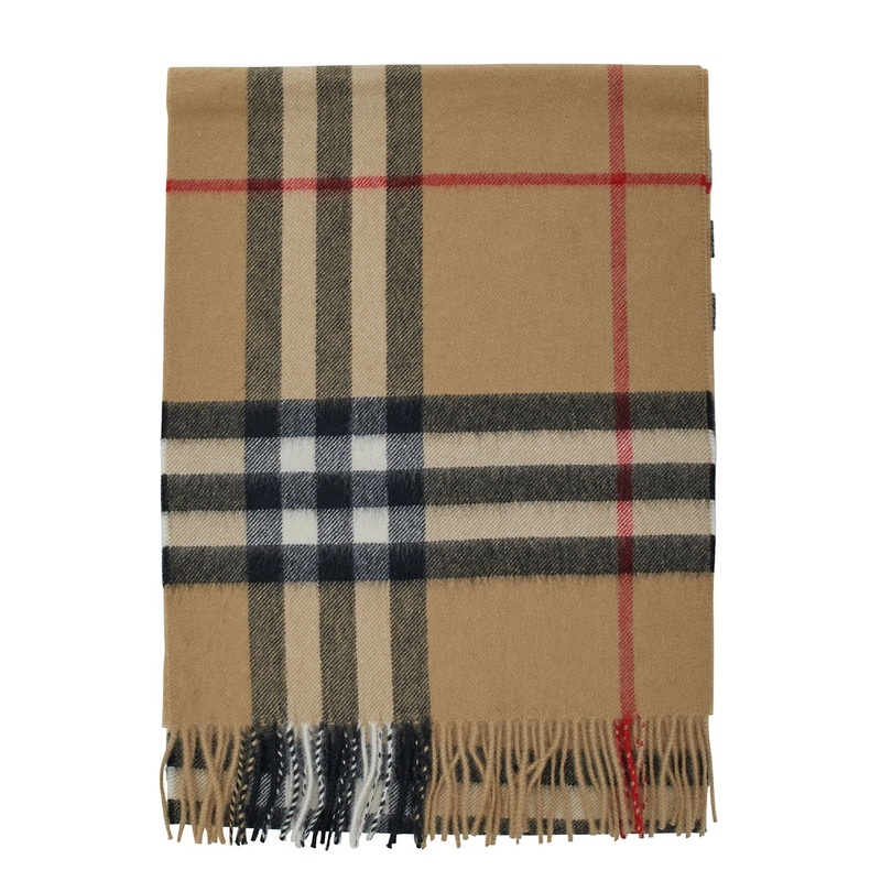 Beige Scarf with Check Print in Cashmere Woman