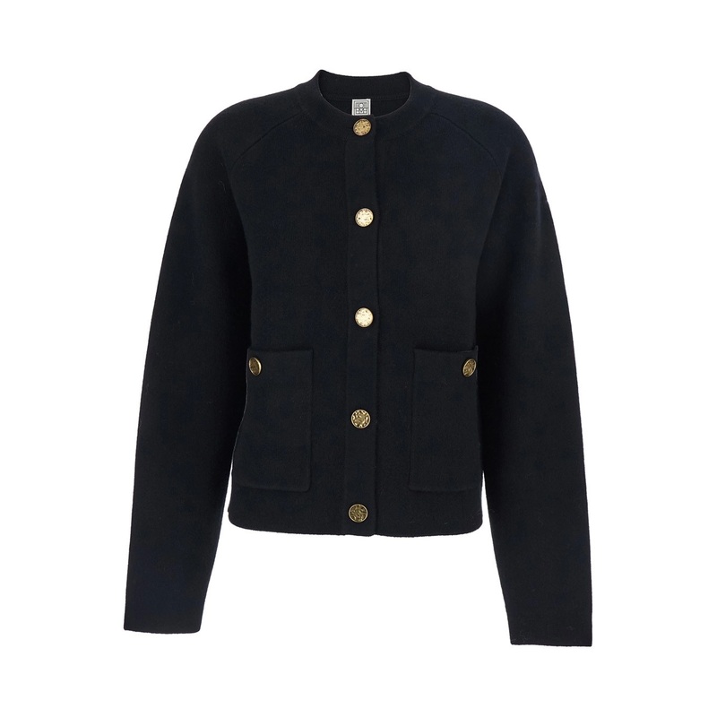 Black Crewneck Cardigan with Two Front Patch Pockets and Ribbed Trims in Wool Woman