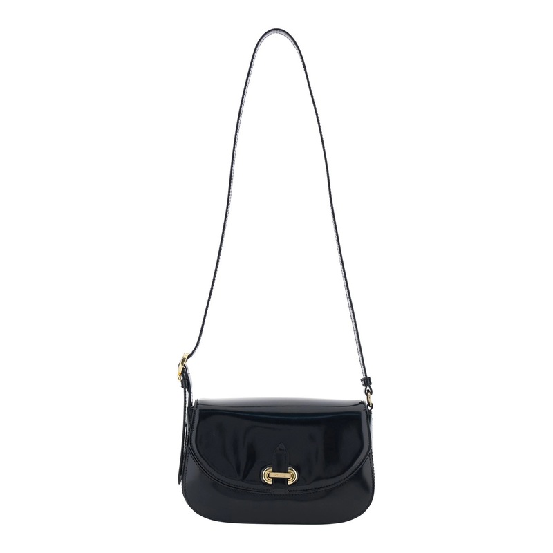 Black Crossbody Bag with Adjustable Shoulder Strap and Plaque on the Front in Leather Woman