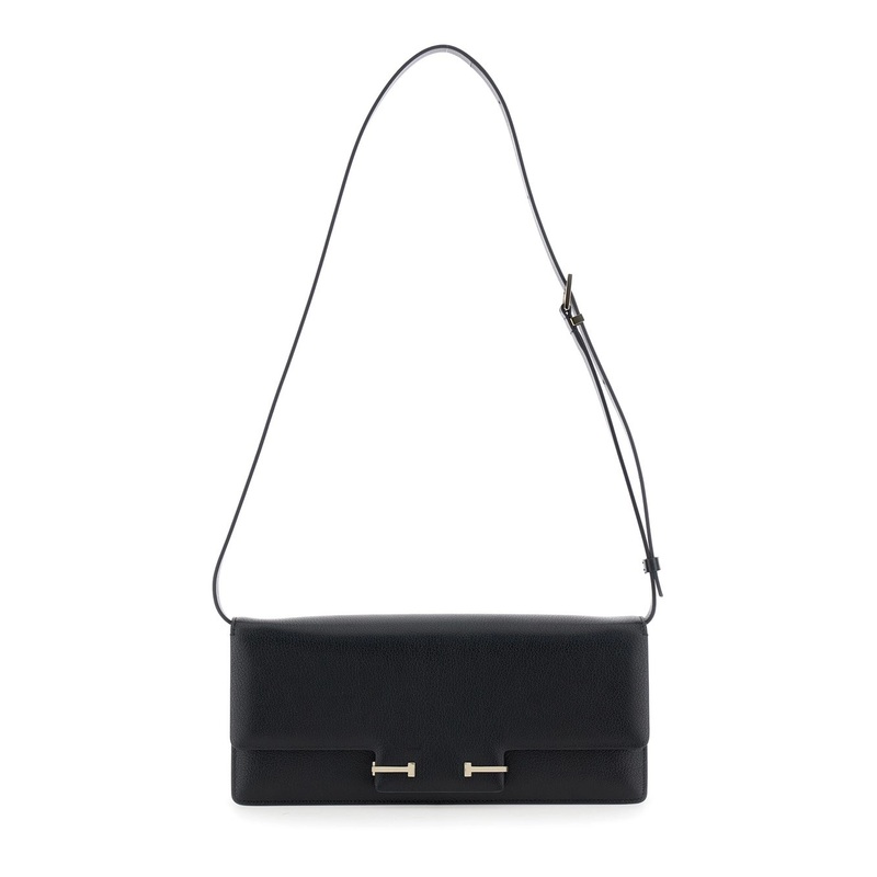 Black Crossbody Bag with Adjustable Shoulder Strap and T Plaque Closure in Grained Leather Woman