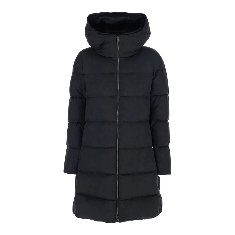 Black Down Jacket with Fixed Hood and Quilted Design in Tech Fabric Woman