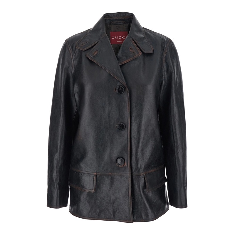 Black Jacket with Classic Lapels and Distressed Effect in Leather Woman