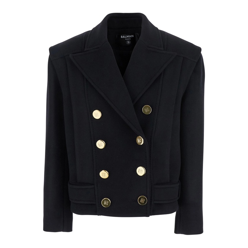 Black Jacket with Wide Lapels and Metallic Logo Buttons in Wool Woman
