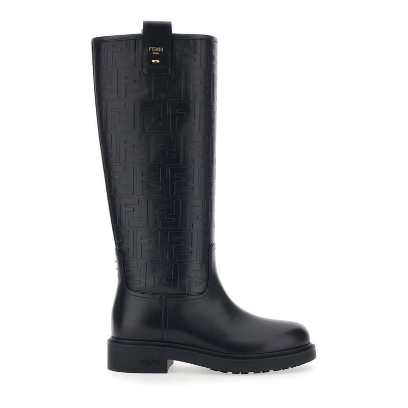 Black Knee-High Boots with All-Over Embossed FF Motif in Leather Woman