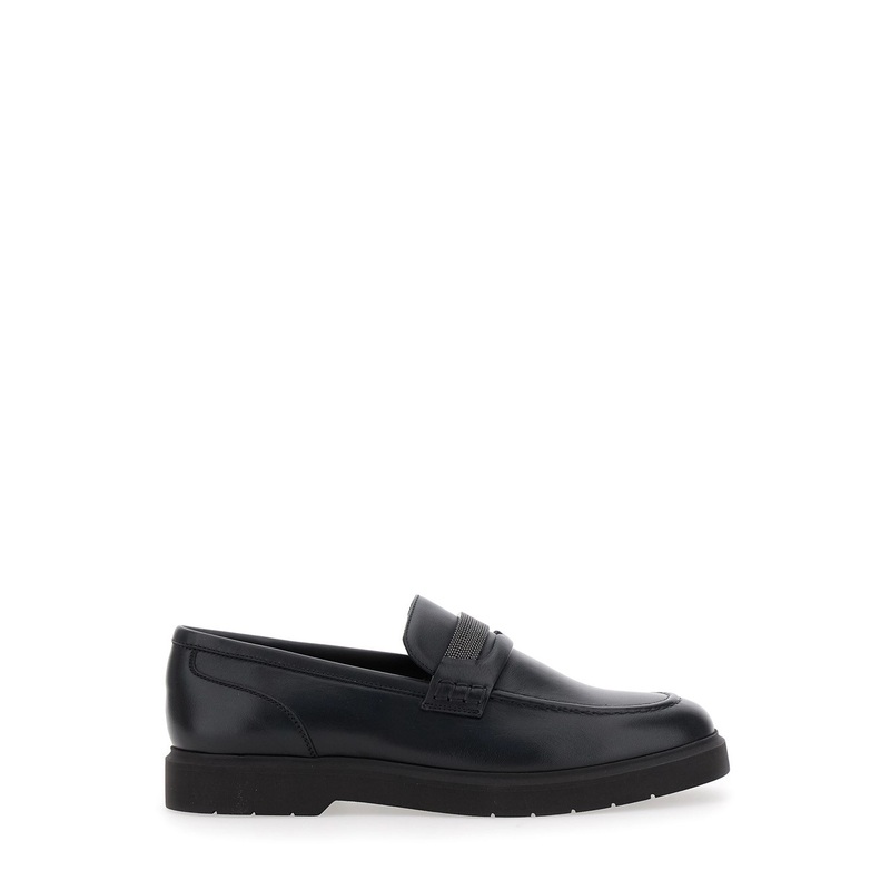 Black Loafers with Monil Detail on the Front in Smooth Leather Woman