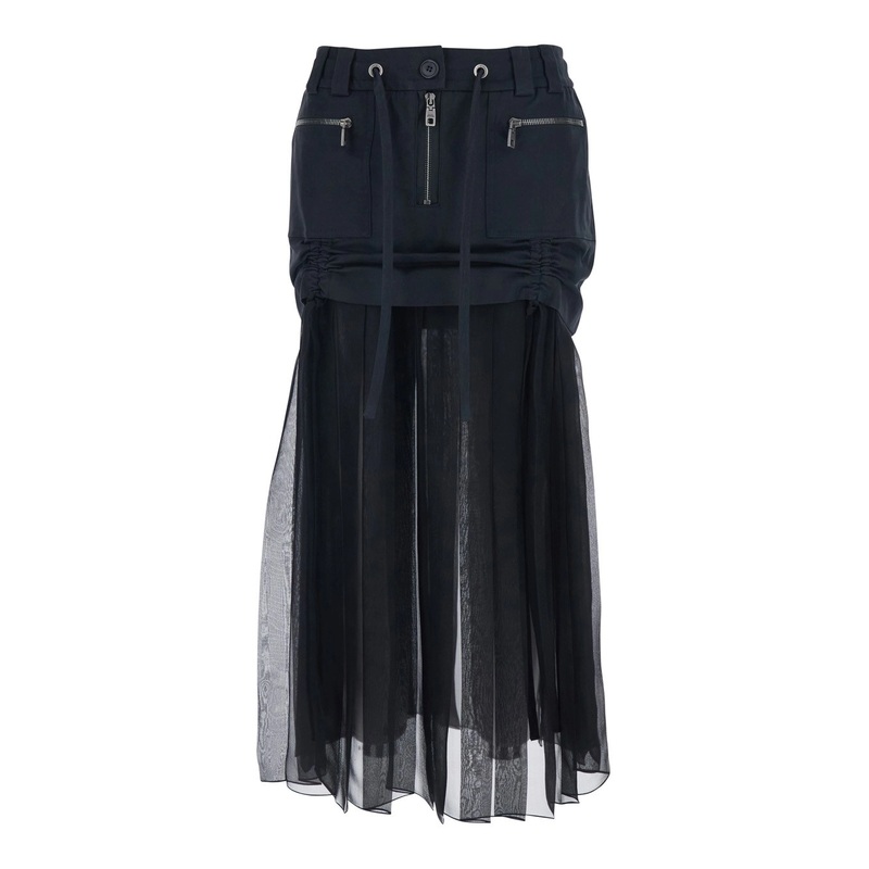 Black Skirt with Pleated Design and Drawstring Waist in Silk Blend Stretch Woman