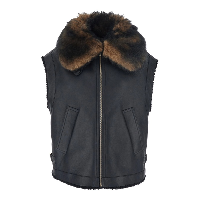 Black Sleeveless Shearling Jacket with Buckled Spread Collar in Leather and Fur Woman