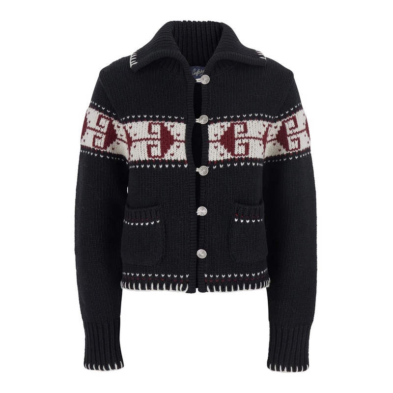 Black Sweater with Spread Collar and Fair Isle Motif in Wool Blend Woman