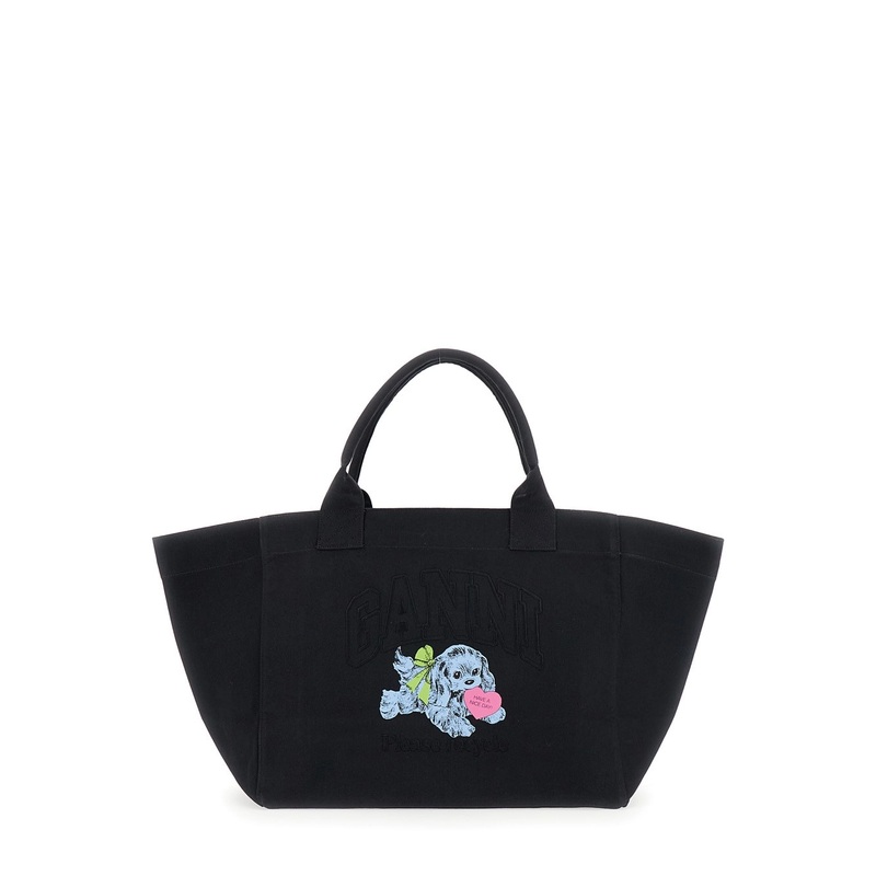Black XXL Shopper with Double Handles and Decoration on the Front in Cotton Woman