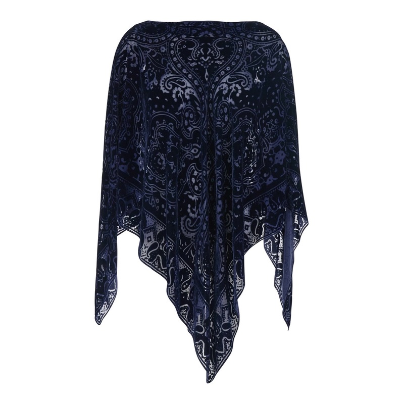 Blue Cape with All-Over Paisley Motif and Triangular Hem in Silk Blend Woman