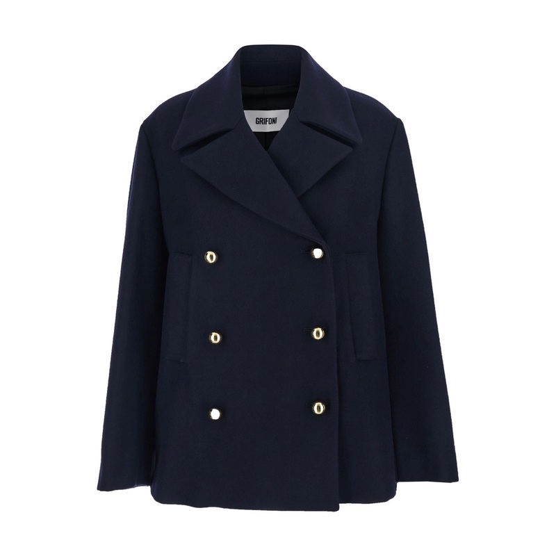 Blue Double-Breasted Jacket with Wide Classic Lapels in Wool Woman