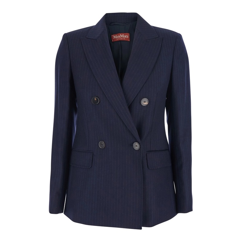 Blue Jacket with Peak Lapel and All-Over Pinstripe in Wool Woman