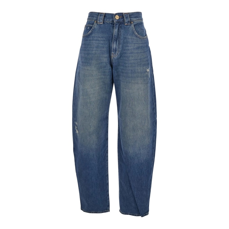 Blue Jeans with Belt Loops and Distressed Effect in Denim Woman