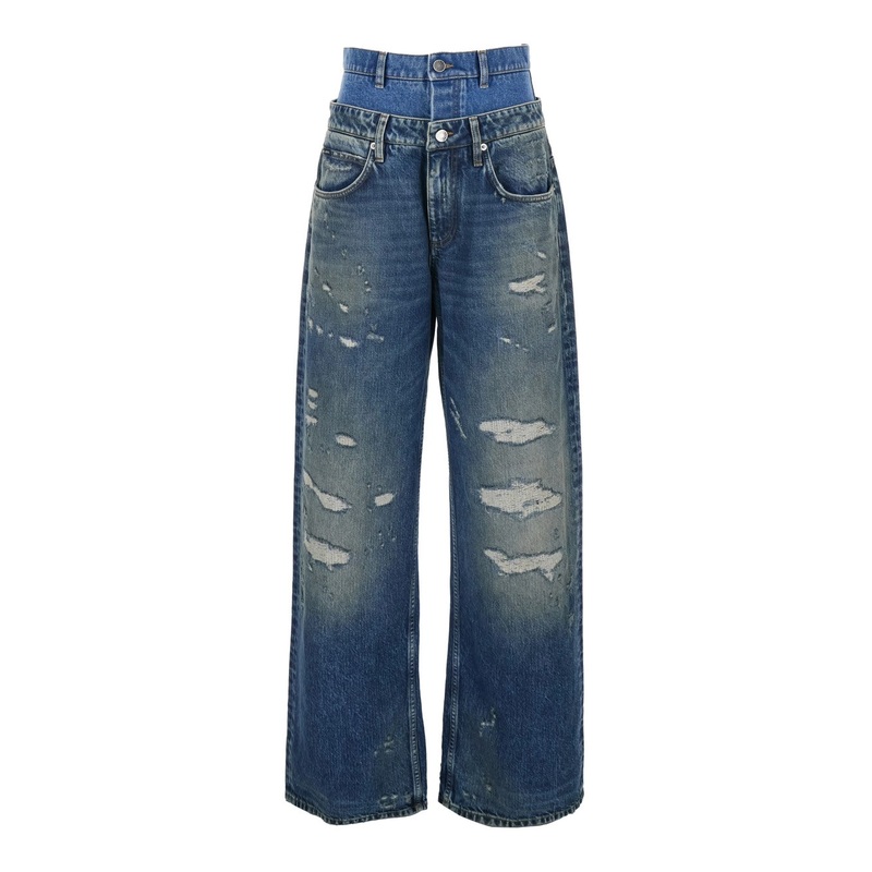 Blue Jeans with Layered Design and Distressed and Ripped Effect in Denim Woman