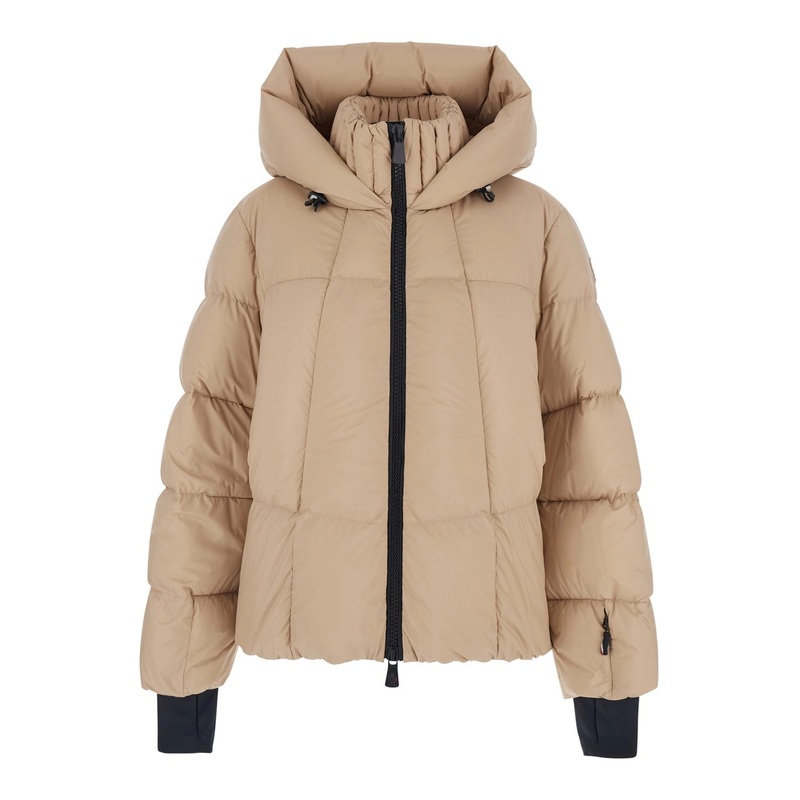 ‘Bonnieure’ Beige Down Jacket with Drawstring Hood and Logo Patch on the Sleeve in Tech Fabric Woman