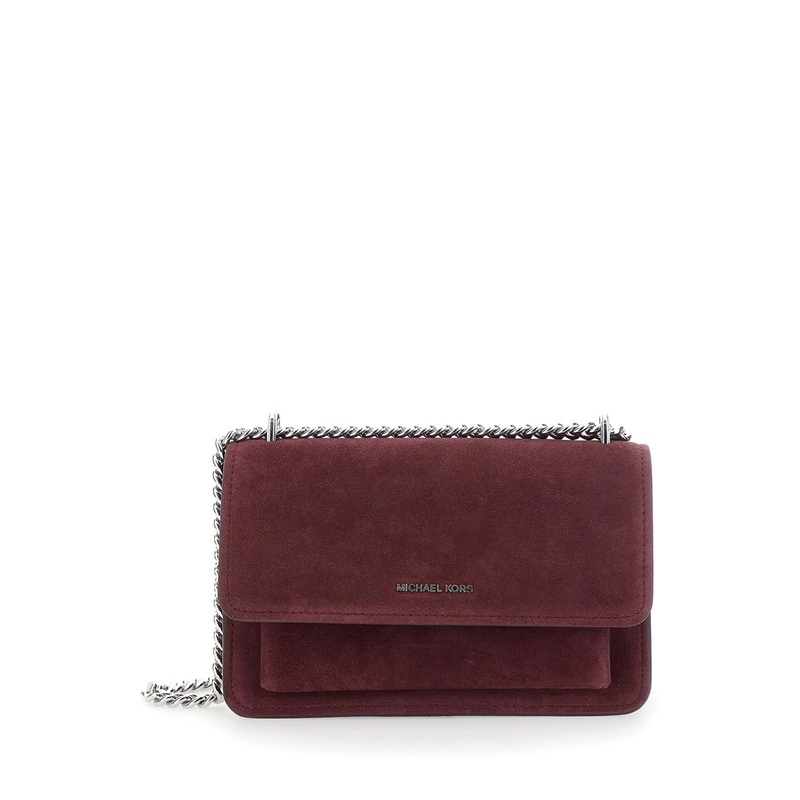 Bordeaux Shoulder Bag with Chain Strap and Front Logo in Suede Woman