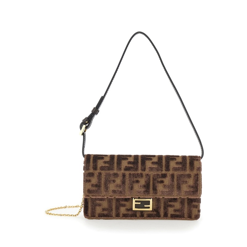 Brown Crossbody Bag with All-Over FF Motif and Metallic FF Plaque on the Front in Cotton Woman