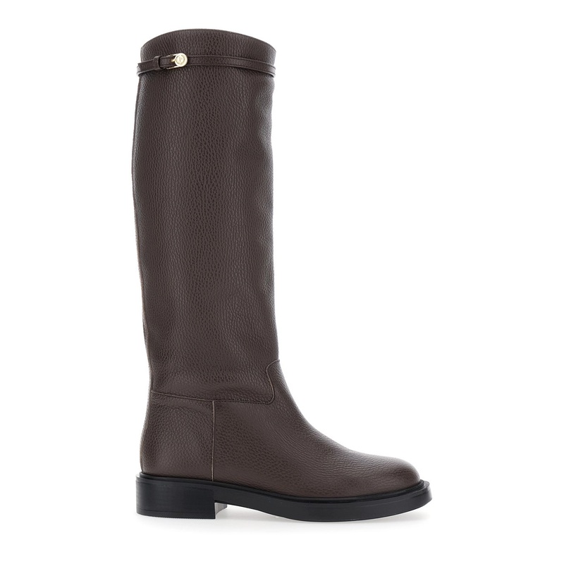 Brown Knee-High Boots with Buckle Detail in Grained Leather Woman