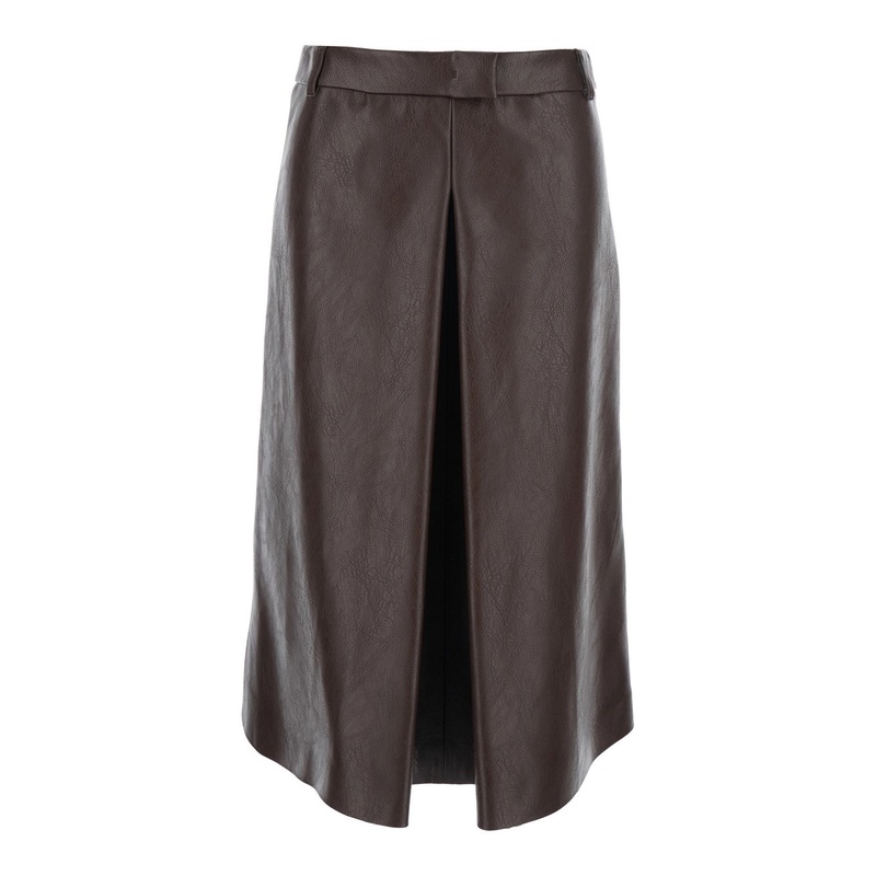 Brown Midi Skirt with Belt Loops and Front Single Slit in Ecoleather Woman