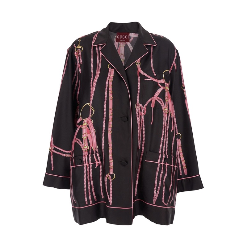 Brown Shirt with Classic Collar and All-Over Print in Silk Woman