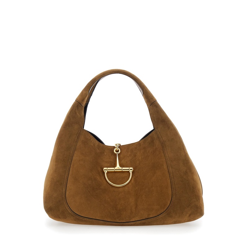 Brown Shoulder Bag with Horsebit Closure in Suede Woman