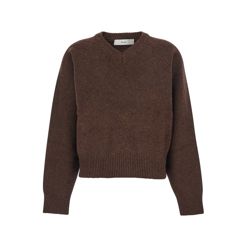 Brown Sweater with V Neck and Ribbed Trims in Wool Woman