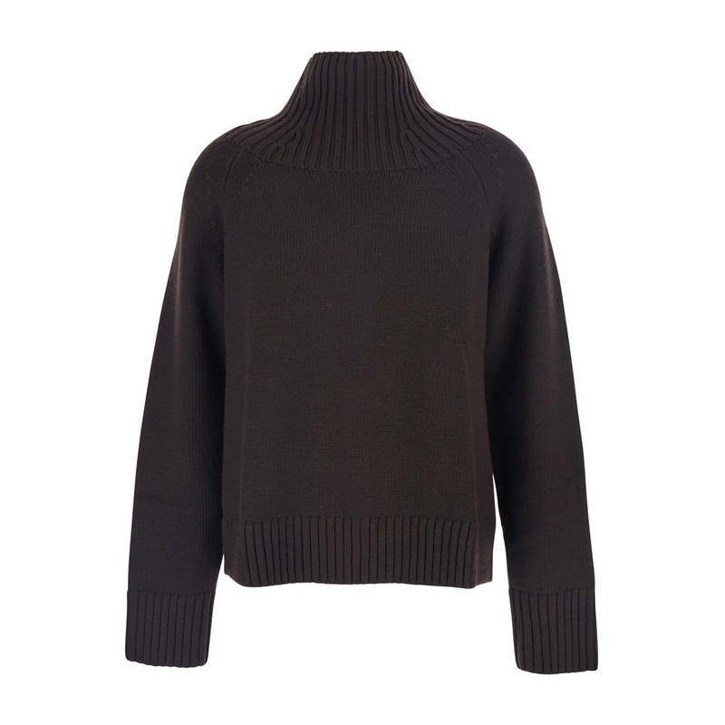 Brown Turtleneck Sweater with Ribbed Trims in Wool Woman