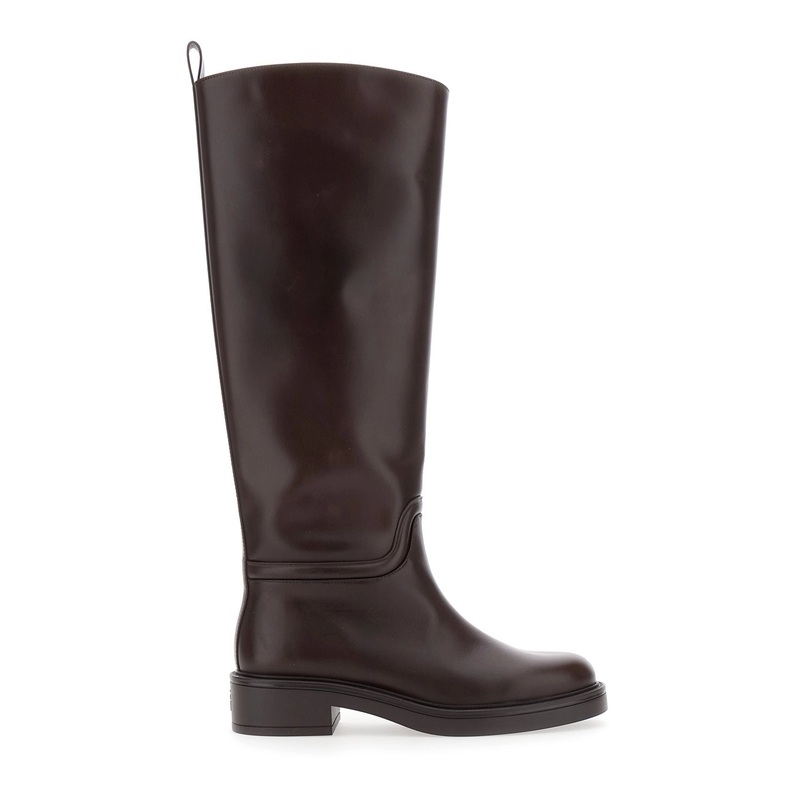 ‘Celia’ Brown Knee-High Boots with Pull-Tab at the Heel in Leather Woman