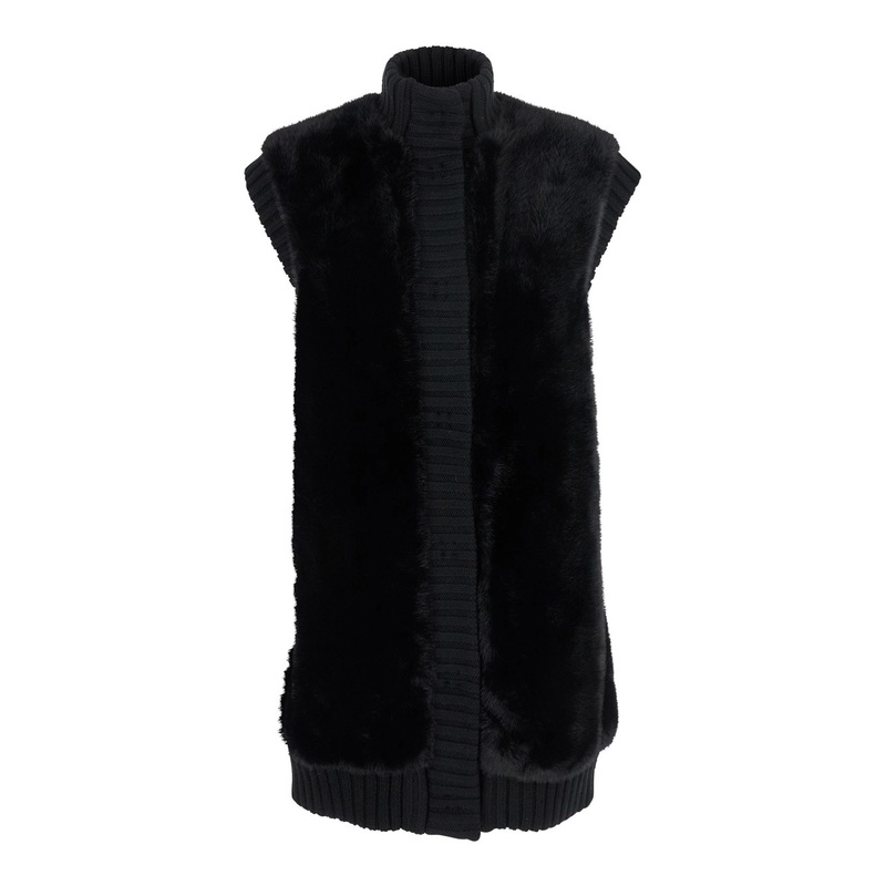 ‘Genovese’ Black Sleeveless Vest with High Neck and Ribbed Details  in Ecofur Woman