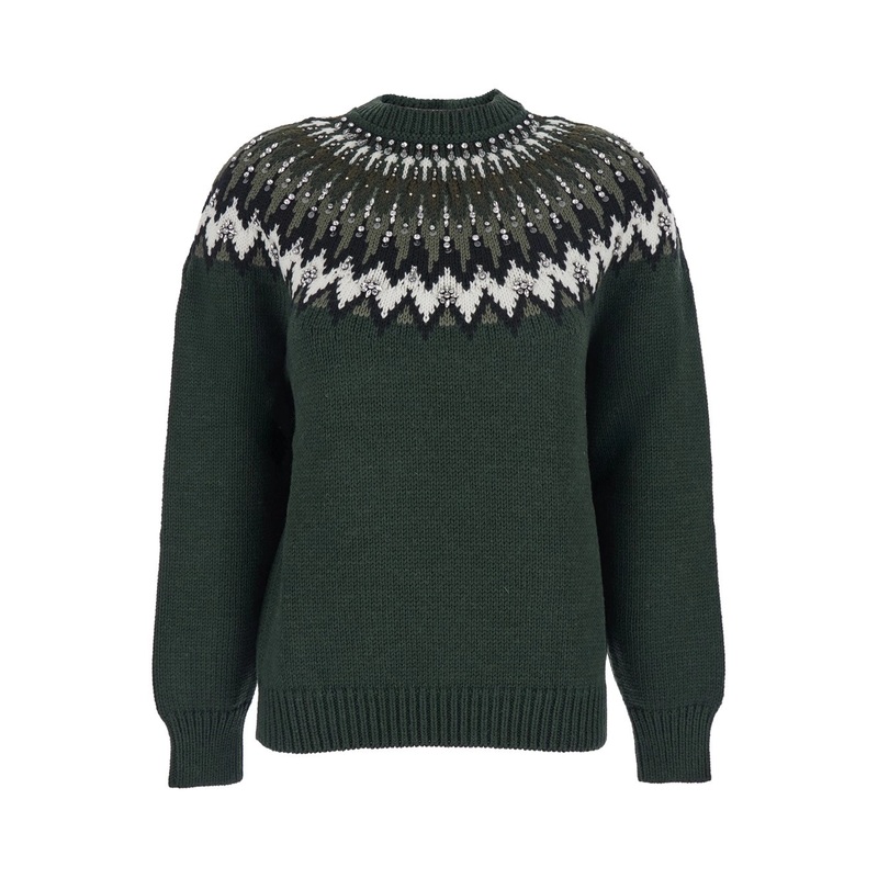 Green Crewneck Sweater with Geometric Motif and Crystal Embroidery in Wool Woman
