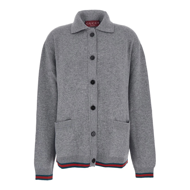 Grey Cardigan with Pointed Collar and Web Detailing on Edges in Wool and Cashmere Blend Woman