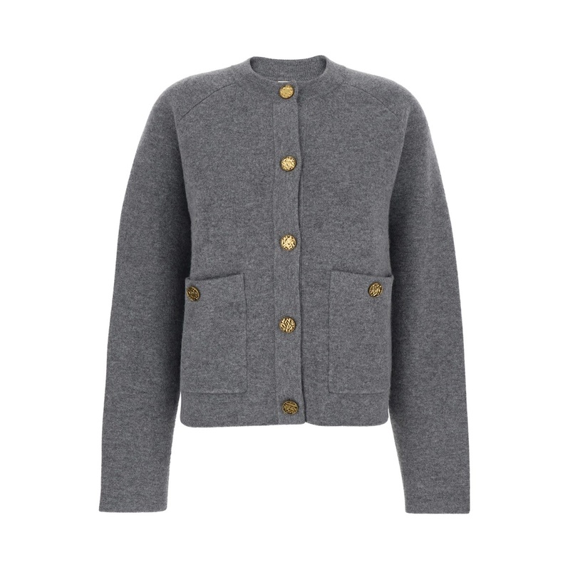 Grey Crewneck Cardigan with Jewel Buttons and Two Front Patch Pockets in Wool Woman