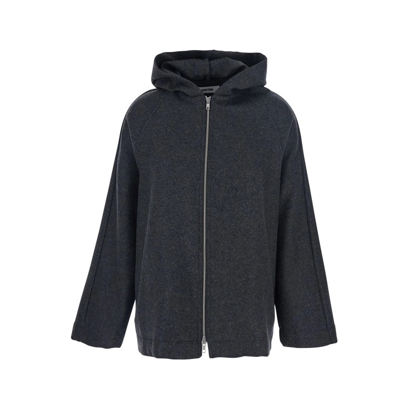 Grey Jacket with Fixed Hood and Zip-Up Fastening in Wool Blend Woman