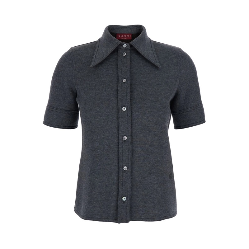 Grey Shirt with Polo Style Pointed Collar in Wool and Cotton Blend Woman