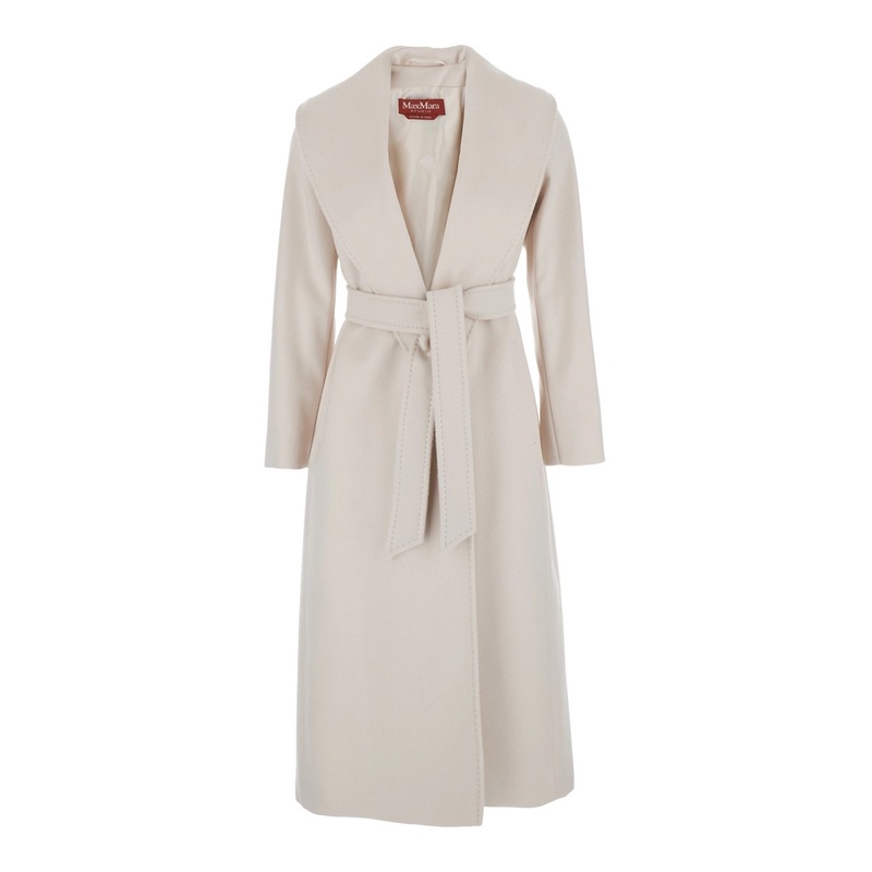 ‘Loriana’ White Coat with Shawl Collar and Front Belt Closure in Wool Woman