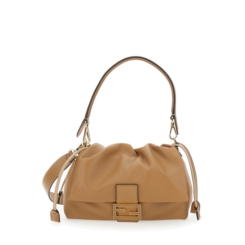 ‘Mamma Baguette Medium’ Beige Shoulder Bag with FF Closure on the Front in Leather Woman