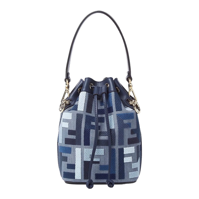 Mon Tresor Mini Blue Bucket Bag with Drawstring Closure and All-Over FF Motif in Cotton Blend Woman