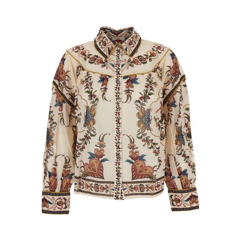 Multicolor Blouse with Classic Collar and All-Over Floral Pattern in Fabric Woman