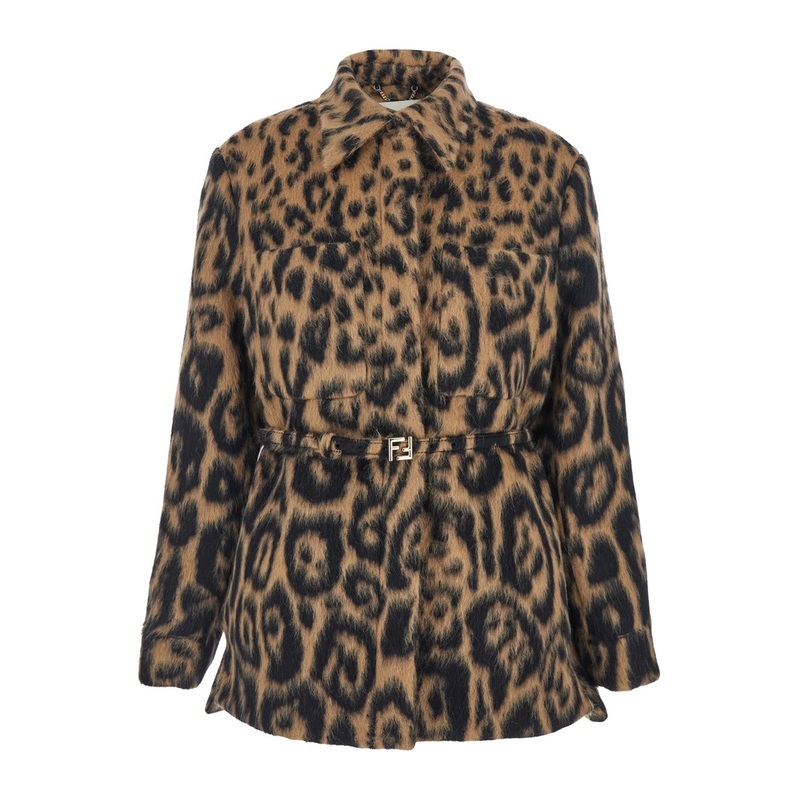 Multicolor Coat with FF Buckled Belt on the Front and All-Over Leopard Motif in Wool Blend Woman