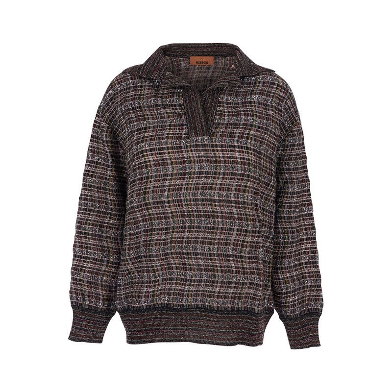 Multicolor Sweater with Wide Collar and All-Over Zigzag Pattern in Wool Blend Woman