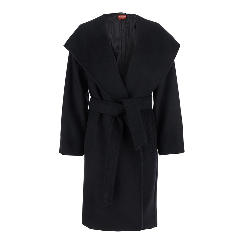‘Newmang’ Black Coat with Wide Lapels in Wool Woman
