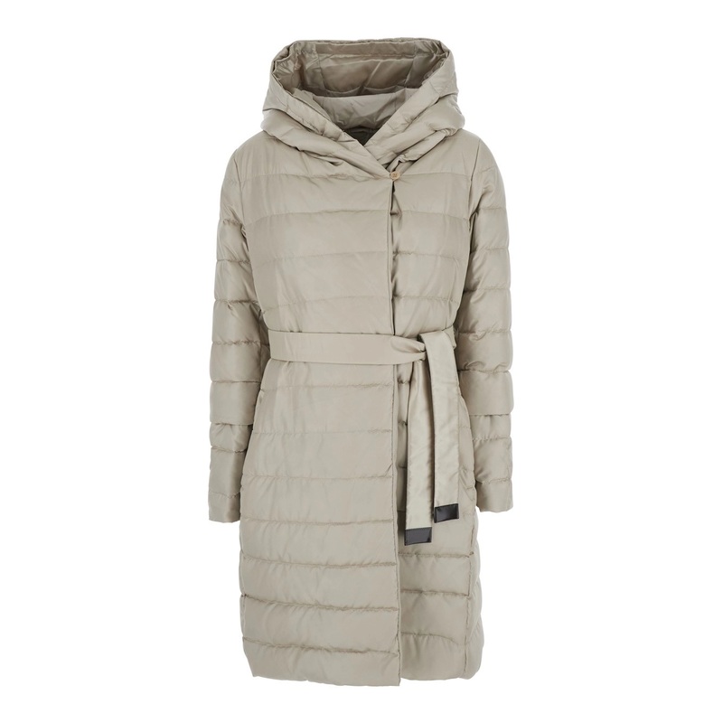 ‘Novef’ Beige Down Jacket with Reversible Design and Waist Belt in Tech Fabric Woman
