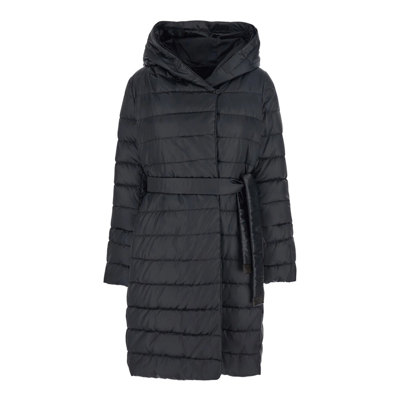 ‘Novef’ Black Down Jacket with Reversible Design and Waist Belt in Tech Fabric Woman