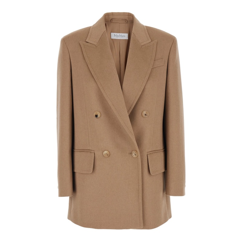 ‘Olimpia’ Beige Double-Breasted Jacket with Peak Revers in Wool Woman