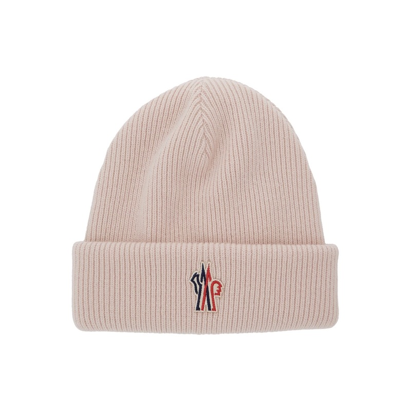 Pink Beanie with Logo Patch on the Front in Wool Woman
