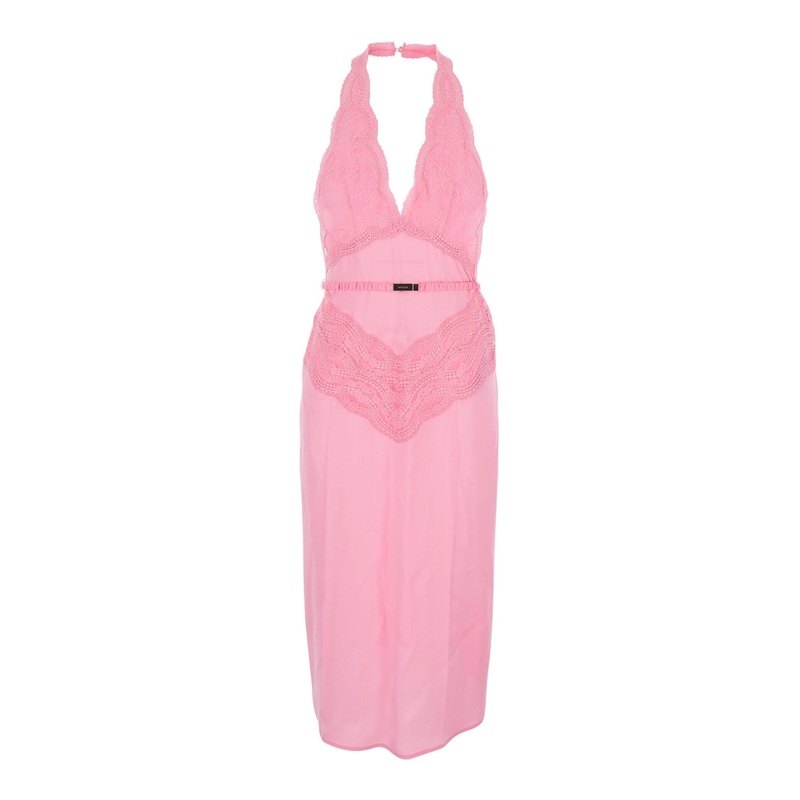 Pink Dress with Deep V-Neck and Removable Ruffle Belt in Silk Satin Woman
